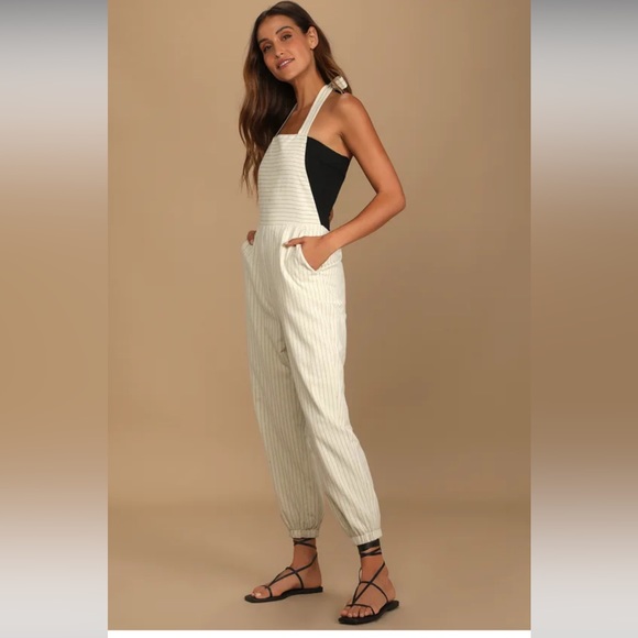Lulus Chic Situation Beige Pinstripe Halter Jogger Jumpsuit - Picture 1 of 8